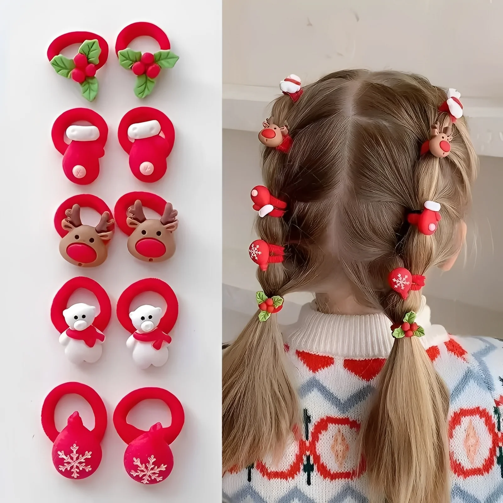 Holiday Elastic Ponytail Hair Ties Set for Kids, 10 Pieces - Image 2