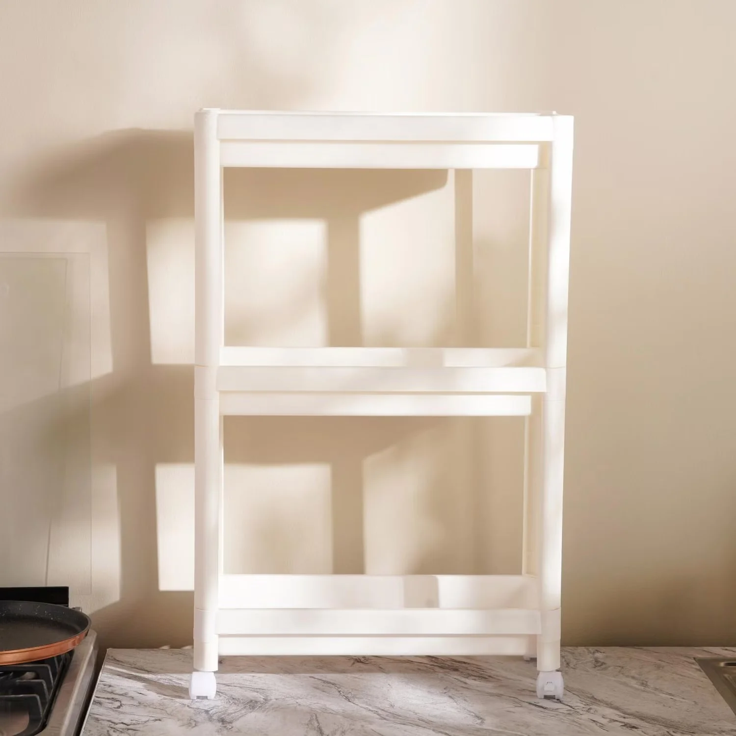 3-Tier Narrow Kitchen Storage Rack with Wheels, White - Image 4
