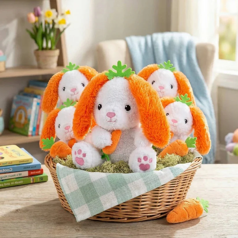 Soft Stuffed Easter Bunny Plush with Carrot Ear Design for Kids Basket Gifts, 6 Pack - Image 3