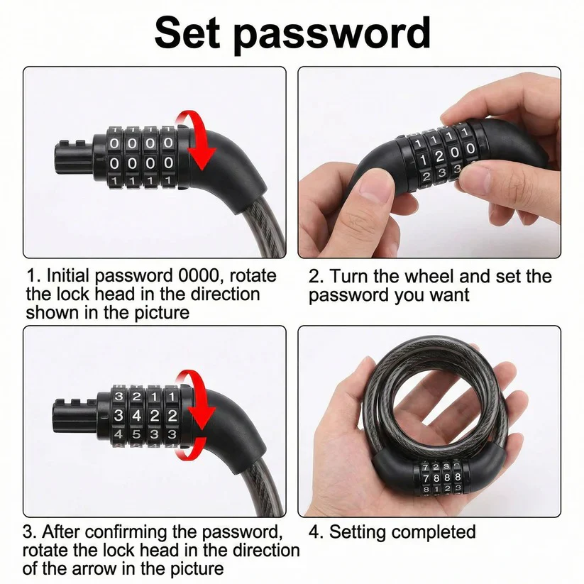 Motorcycle Helmet Cable Lock with 59 Inch Steel Cable and Resettable Combination - Image 7