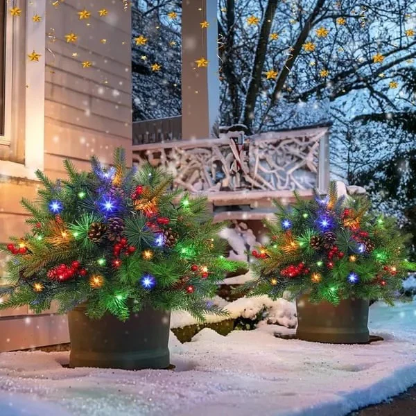 Pre-Lit LED Evergreen Urn Filler – Festive Holiday Decoration - Image 4