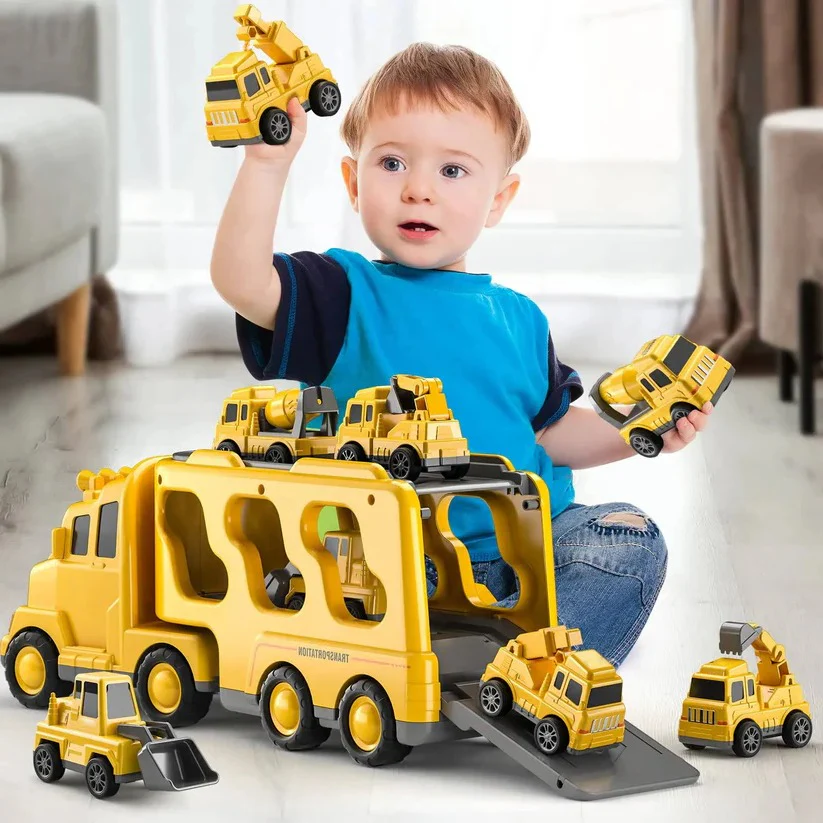 Construction Truck Toy Set with Carrier and Ramp, 5 Piece - Image 2