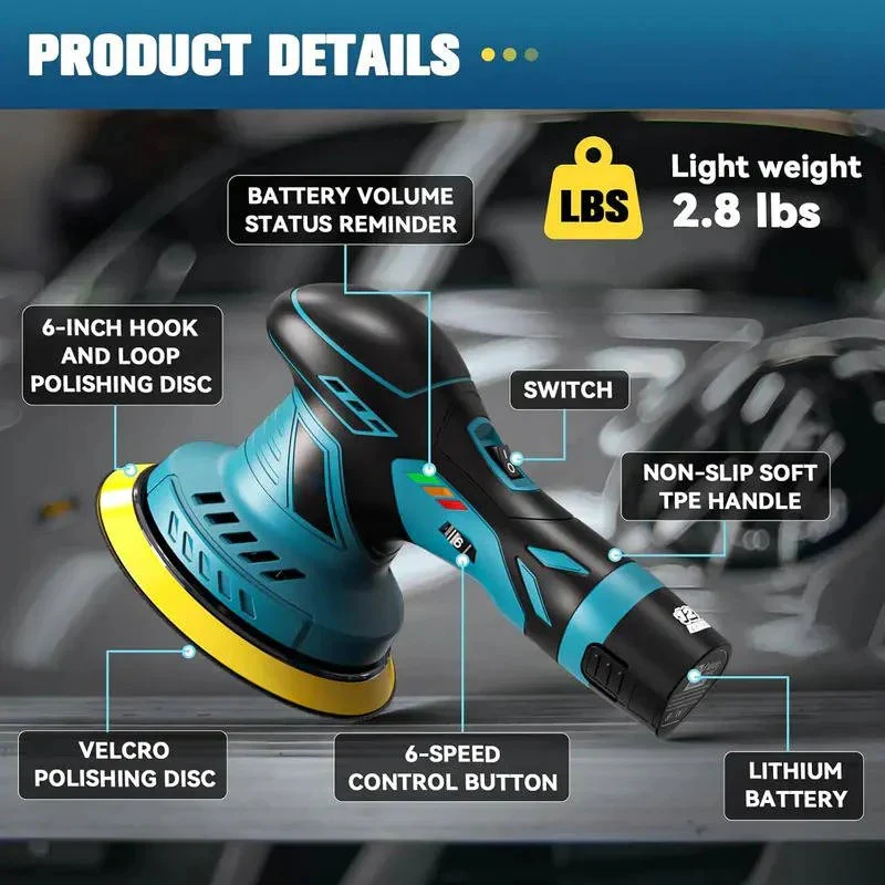 Cordless Dual Action Car Polisher with 6 Variable Speeds and 9mm Orbit, 6 Inch Pad - Image 5