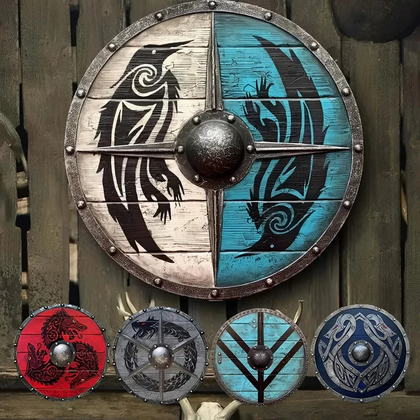 Medieval Style Wooden Round Shield with Multiple Design Patterns - Image 10