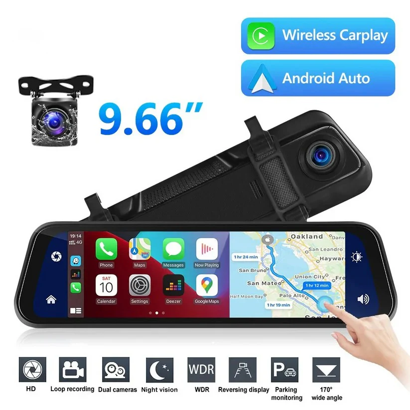 Dual Camera Rearview Mirror Dash Cam with GPS and 9.66 Inch Touch Display - Image 3