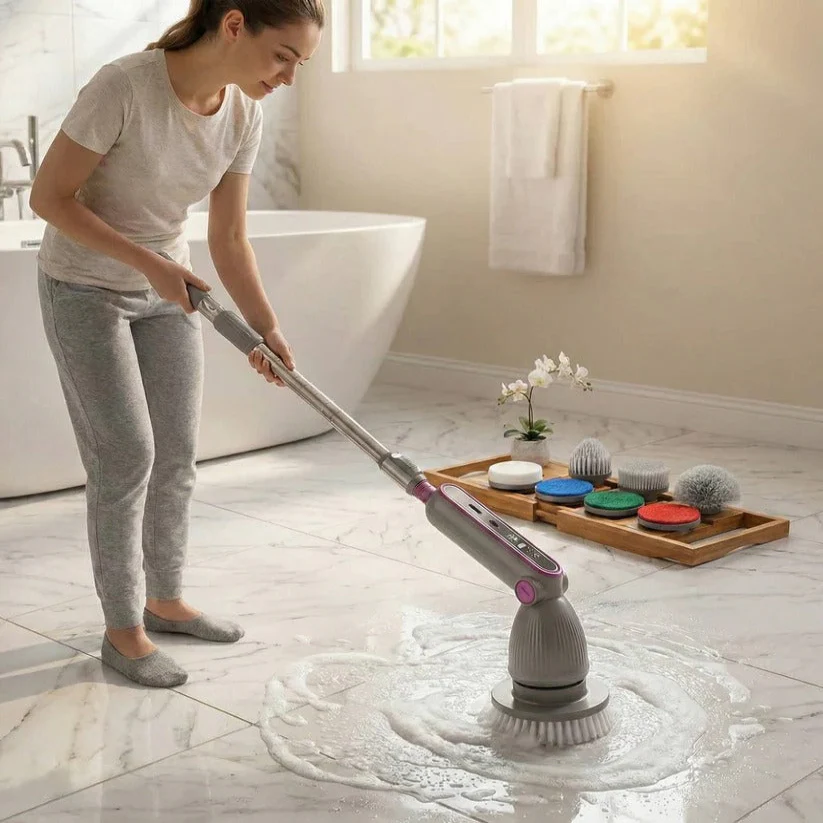 Electric Spin Scrubber with Rotating Brush Head and Adjustable Handle