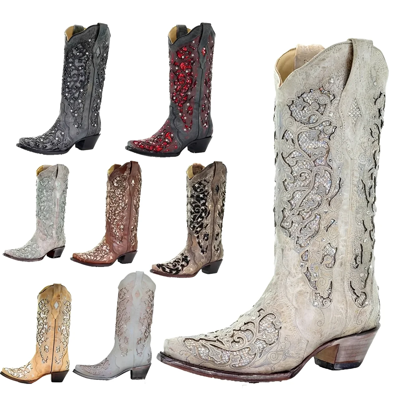 Embroidered Knee High Boots with Sequin Detail and Pointed Toe - Image 9