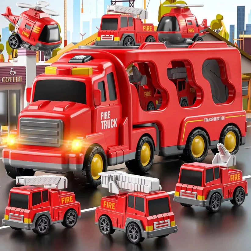 Fire Truck Transport Toy Set with Lights and 4 Friction Vehicles and Helicopter - Image 2