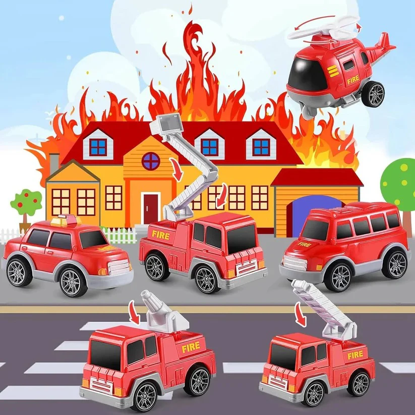 Fire Truck Transport Toy Set with Lights and 4 Friction Vehicles and Helicopter - Image 3