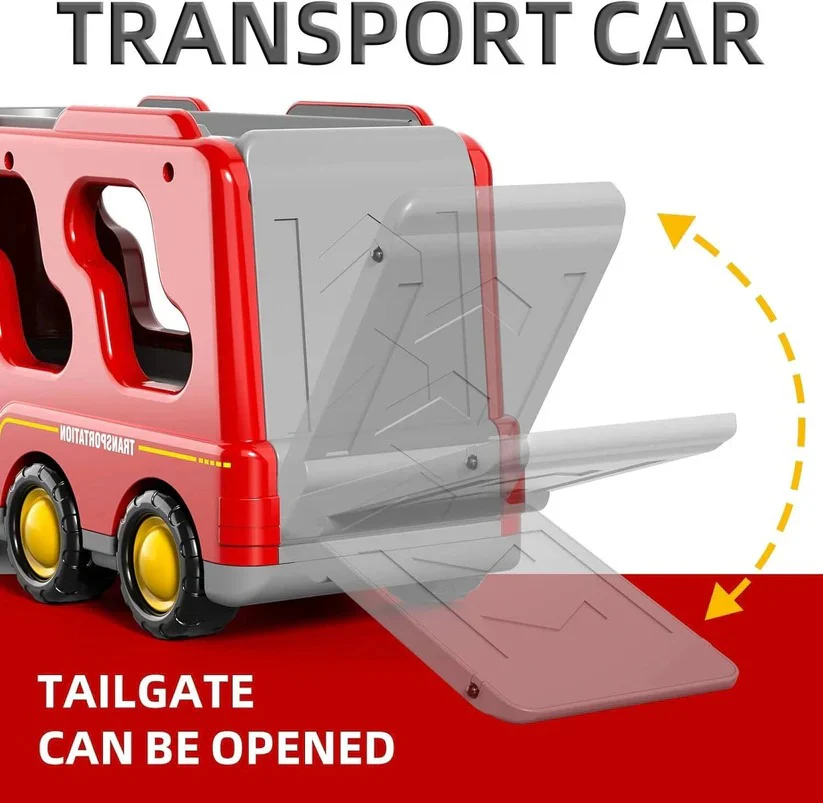 Fire Truck Transport Toy Set with Lights and 4 Friction Vehicles and Helicopter - Image 4