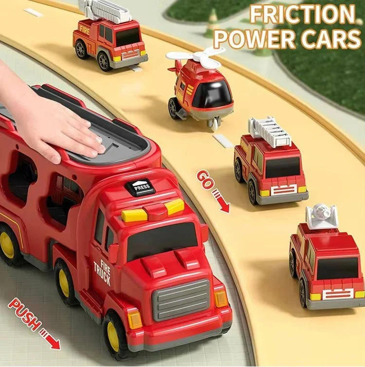 Fire Truck Transport Toy Set with Lights and 4 Friction Vehicles and Helicopter - Image 5