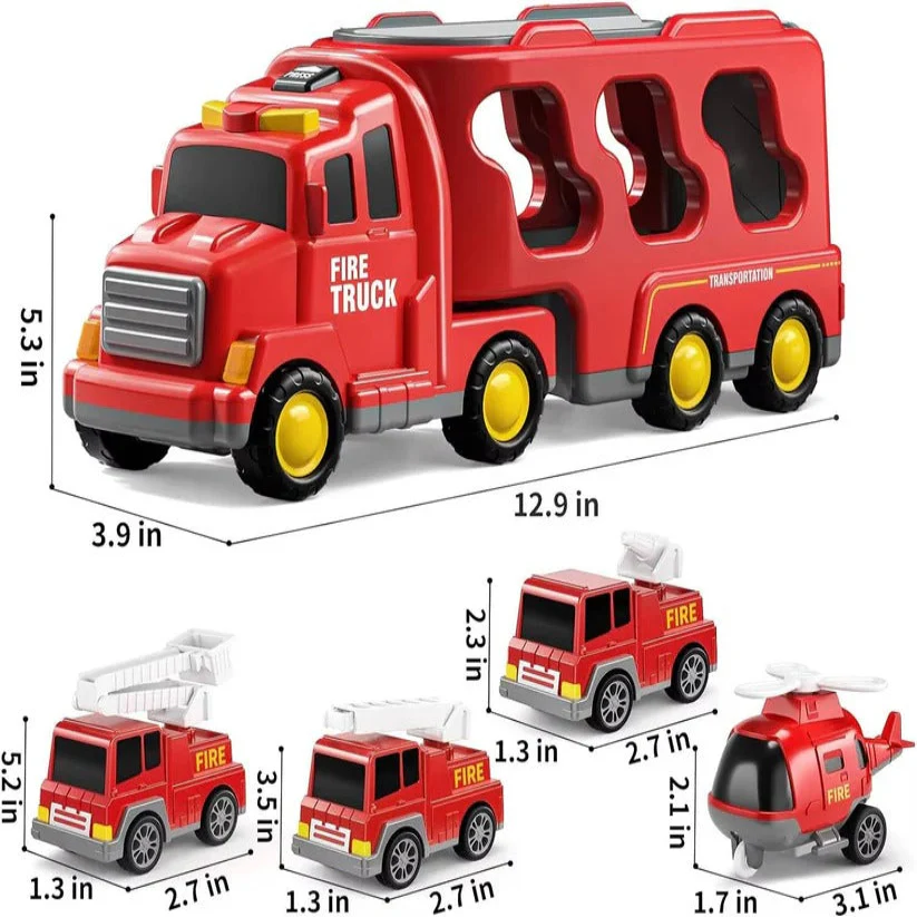 Fire Truck Transport Toy Set with Lights and 4 Friction Vehicles and Helicopter - Image 6