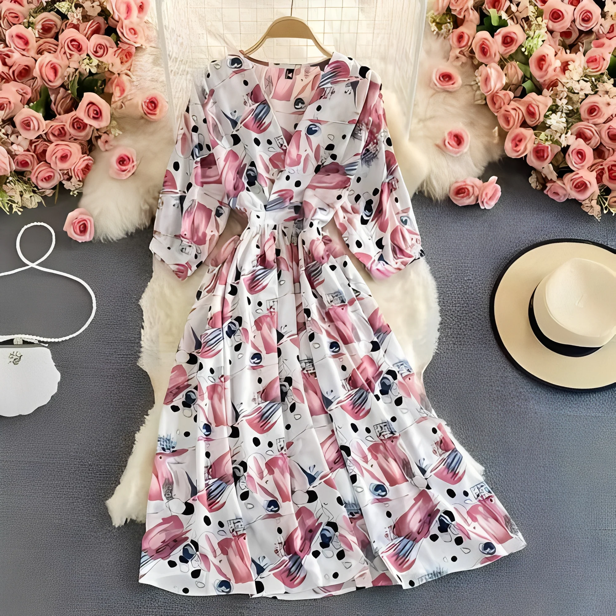 Floral Chiffon Summer Dress with V-Neck and Puff Sleeve Detail - Image 10