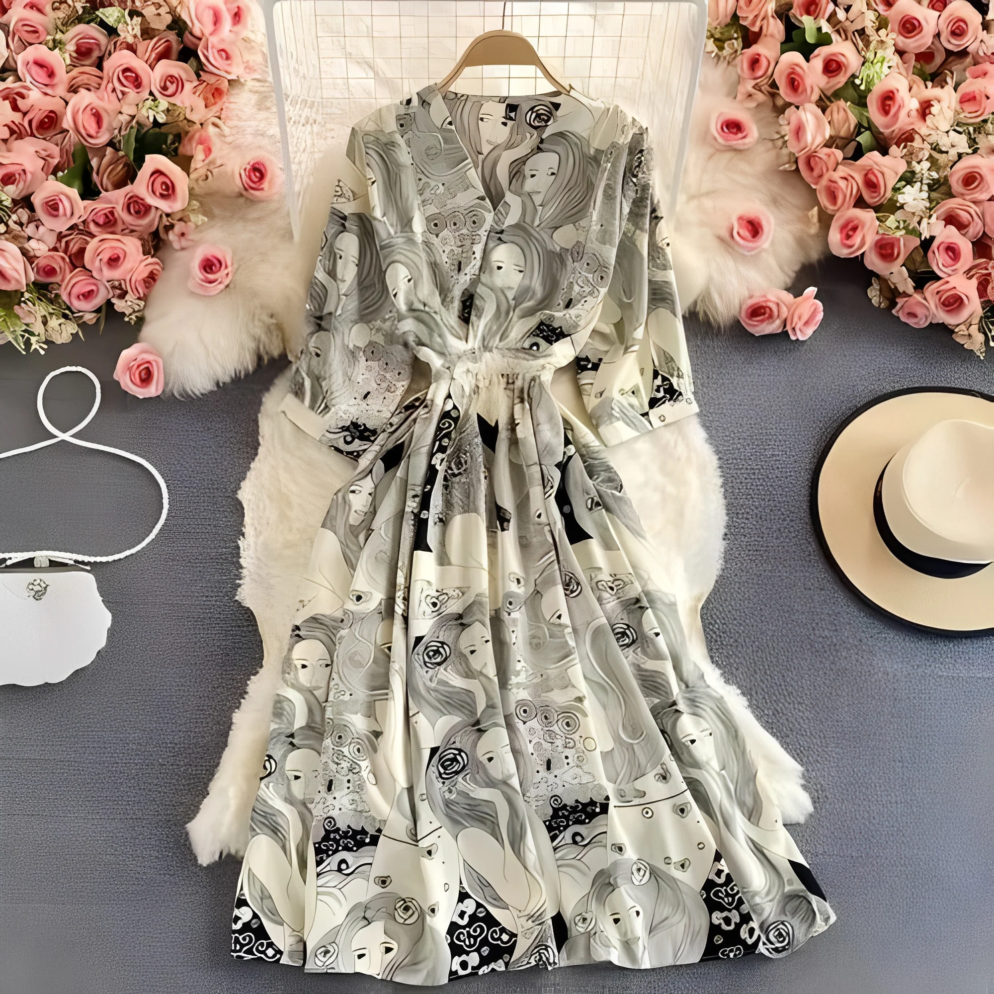Floral Chiffon Summer Dress with V-Neck and Puff Sleeve Detail - Image 7