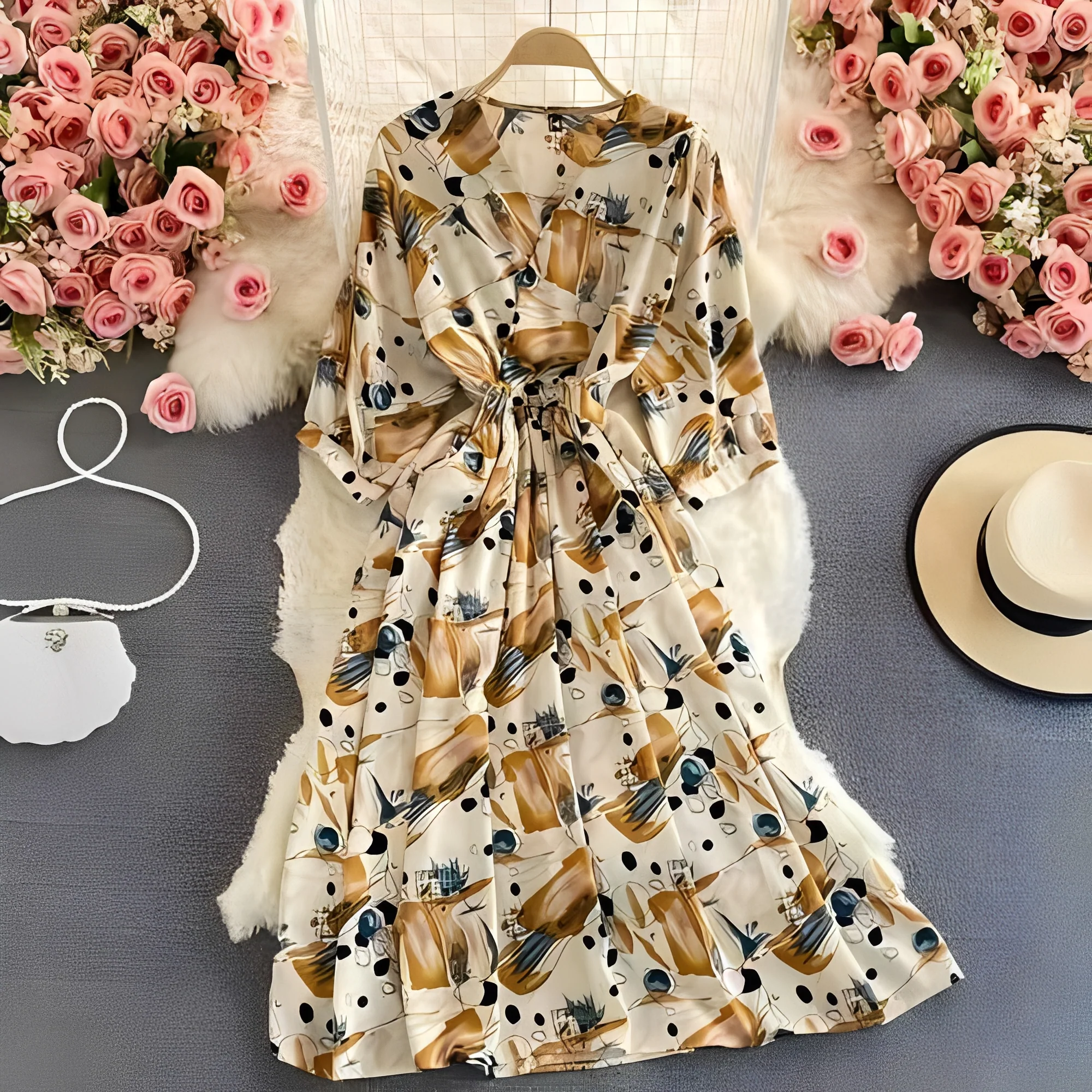 Floral Chiffon Summer Dress with V-Neck and Puff Sleeve Detail - Image 8