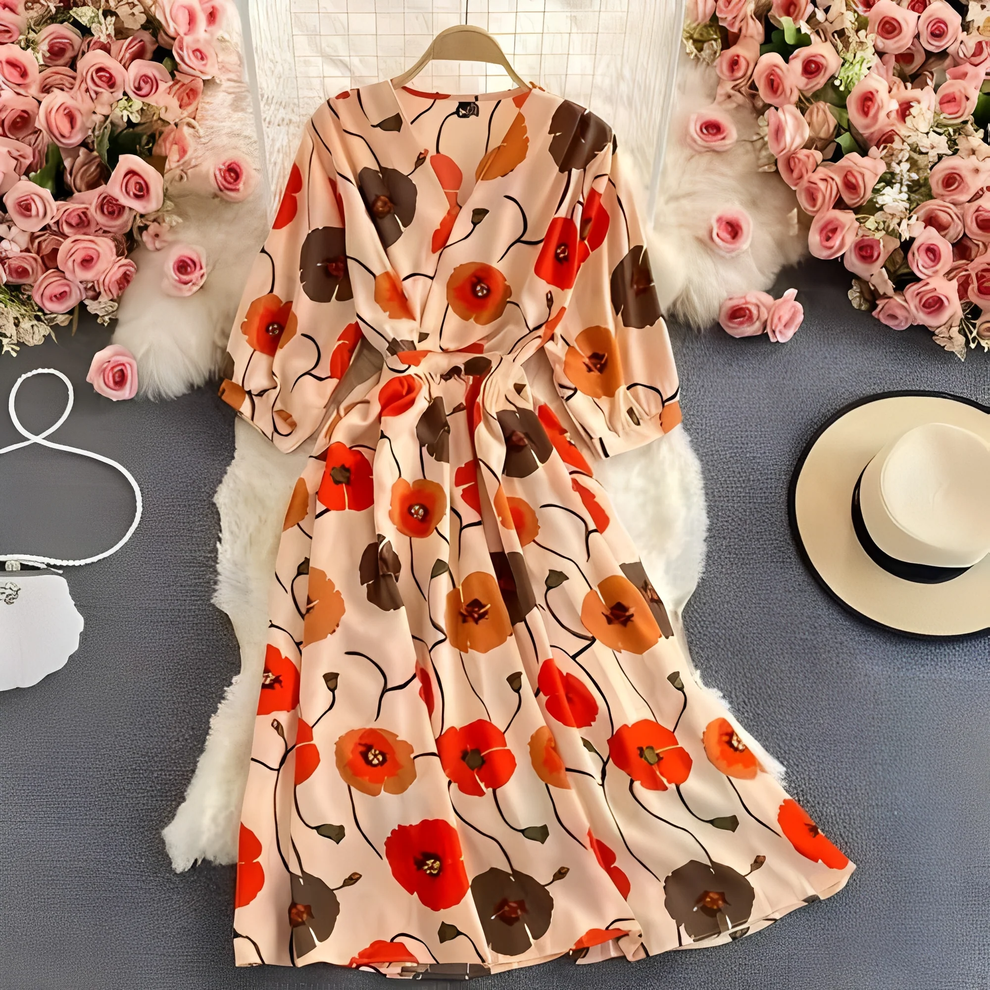 Floral Chiffon Summer Dress with V-Neck and Puff Sleeve Detail - Image 9