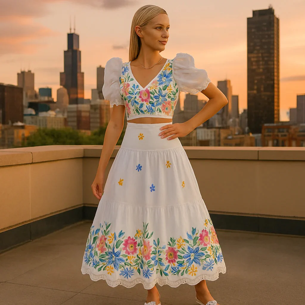 Women’s Floral Puff Sleeve Crop Top & Ruched Skirt Two-Piece Set - Image 2
