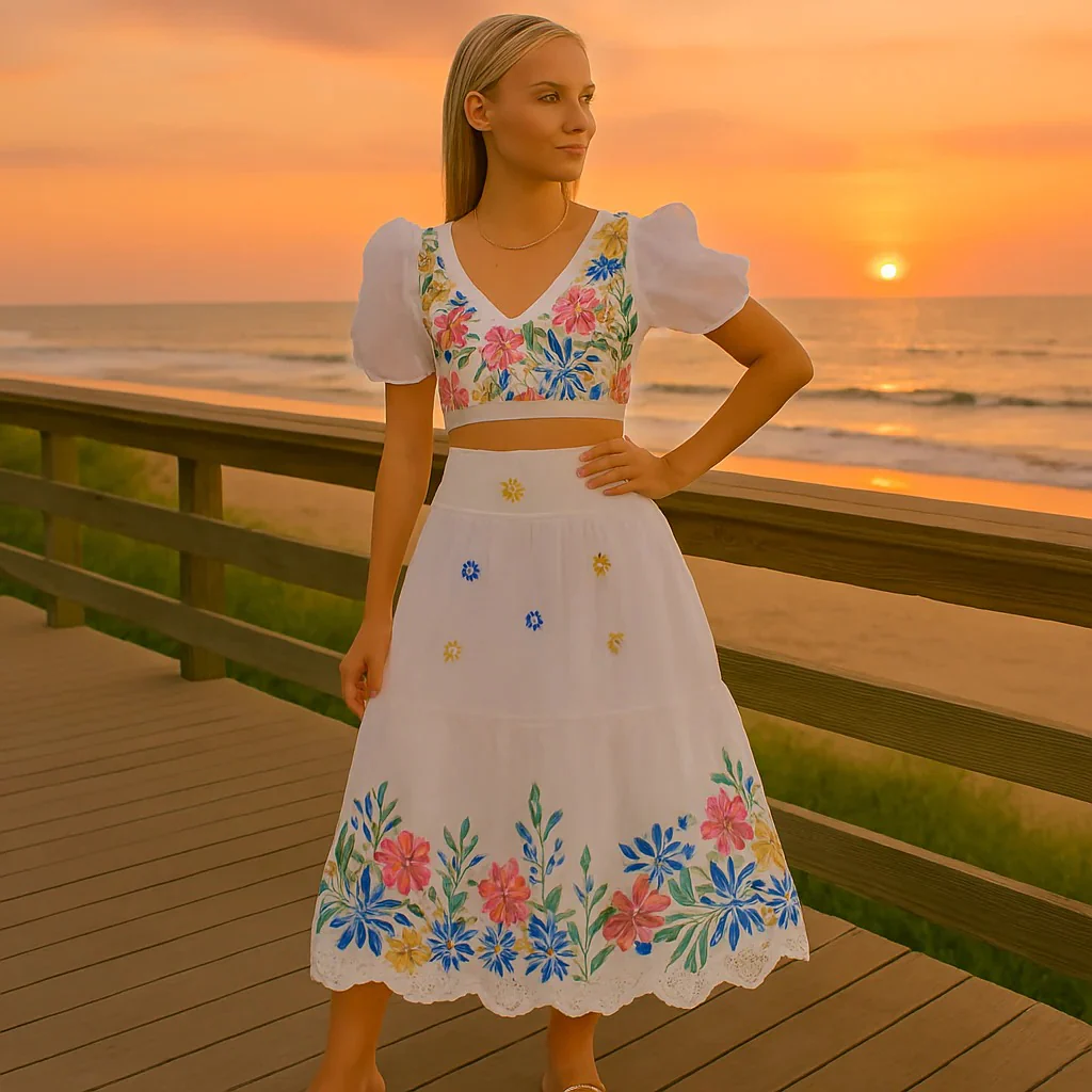Women’s Floral Puff Sleeve Crop Top & Ruched Skirt Two-Piece Set - Image 3