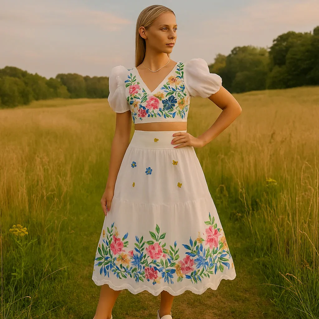 Women’s Floral Puff Sleeve Crop Top & Ruched Skirt Two-Piece Set - Image 4