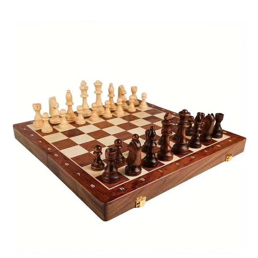 Folding Walnut Wood Chess Set with Weighted Pieces and Storage - Image 2