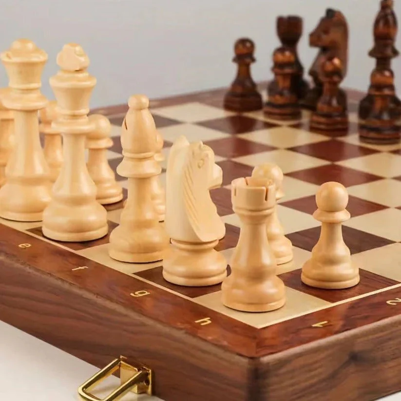 Folding Walnut Wood Chess Set with Weighted Pieces and Storage - Image 3
