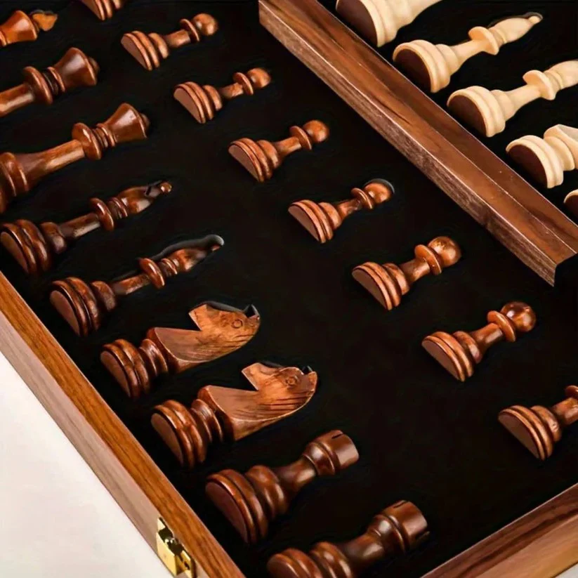 Folding Walnut Wood Chess Set with Weighted Pieces and Storage - Image 4