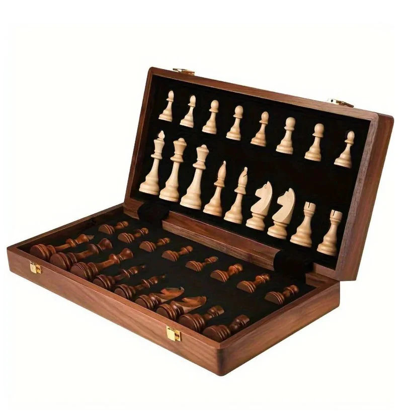 Folding Walnut Wood Chess Set with Weighted Pieces and Storage - Image 5