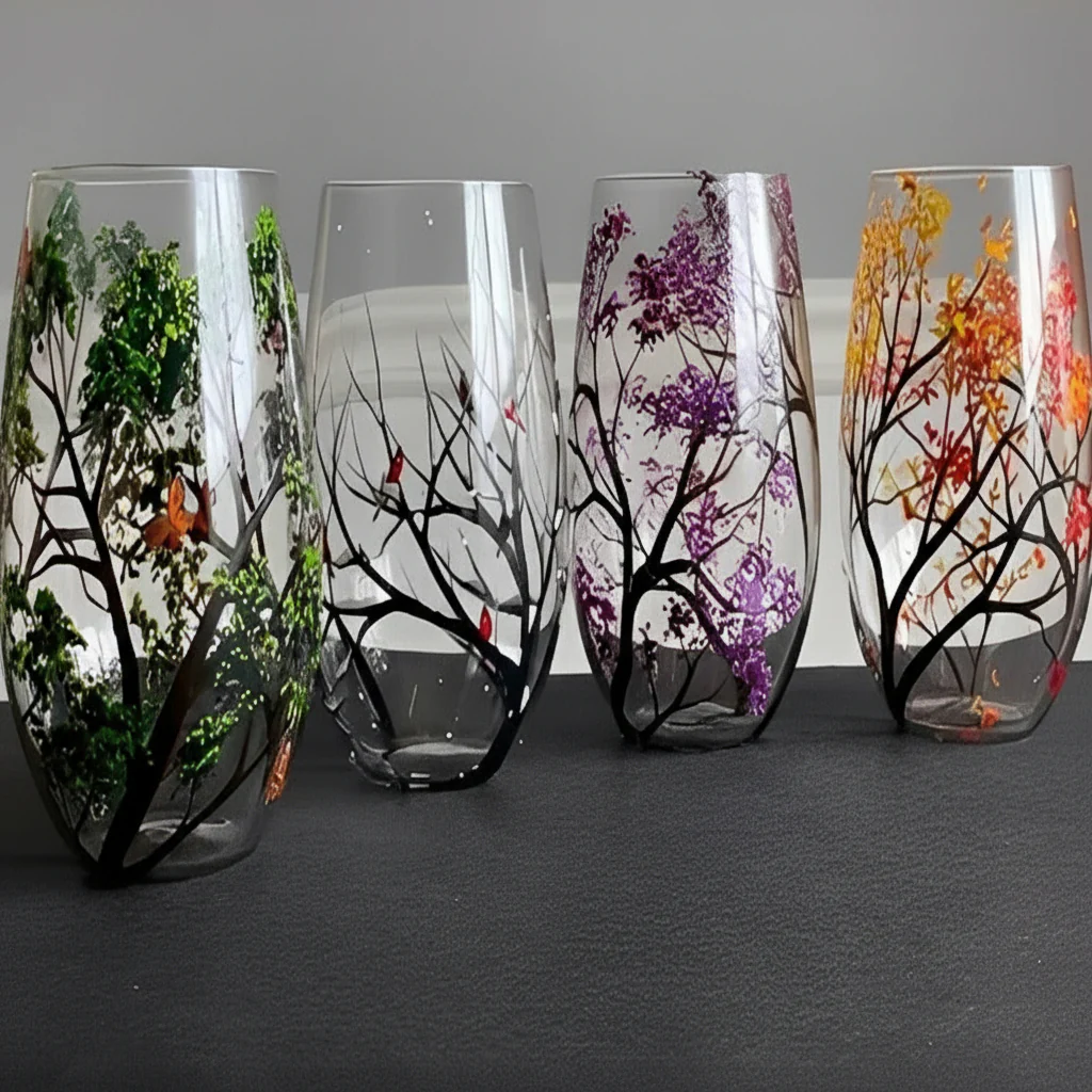 Four Seasons Tree Painted Wine Glass - Image 5