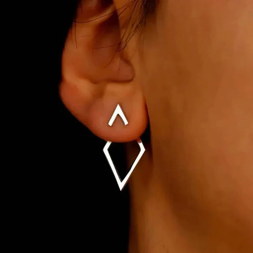 Geometric Diamond and Arrow Drop Earrings in Gold and Silver - Image 2