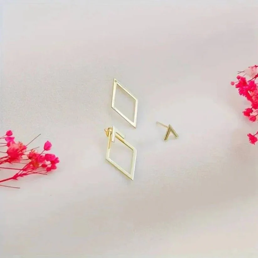 Geometric Diamond and Arrow Drop Earrings in Gold and Silver - Image 3