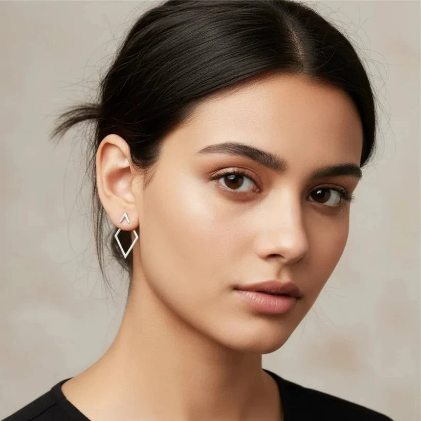 Geometric Diamond and Arrow Drop Earrings in Gold and Silver - Image 5