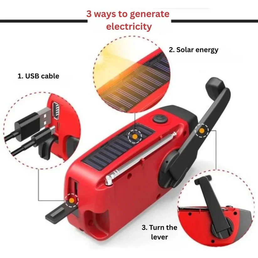 Hand Crank Solar Emergency Radio with Built In Power Bank - Image 3