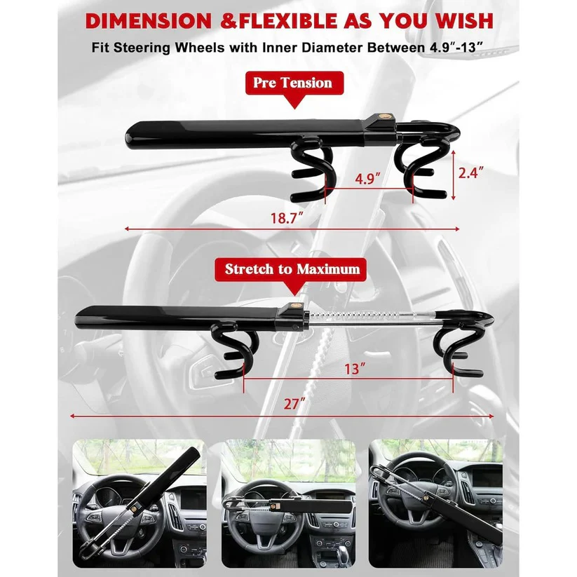 Adjustable Steering Wheel Lock with 3 Keys for Car Security Support - Image 5