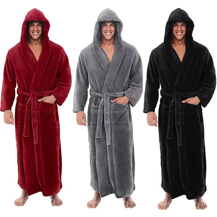 Hooded Men's Fleece Bathrobe with Plush Pockets - Image 6