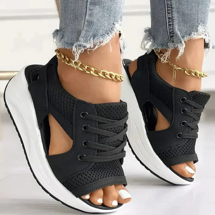 Women’s Lace Up Flat Sandals with Contrast Panels and Cutouts - Image 2