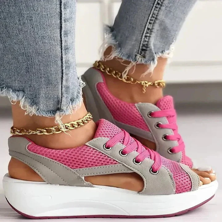 Women’s Lace Up Flat Sandals with Contrast Panels and Cutouts - Image 3
