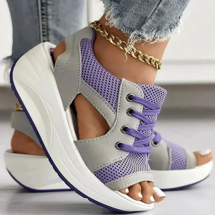 Women’s Lace Up Flat Sandals with Contrast Panels and Cutouts - Image 4