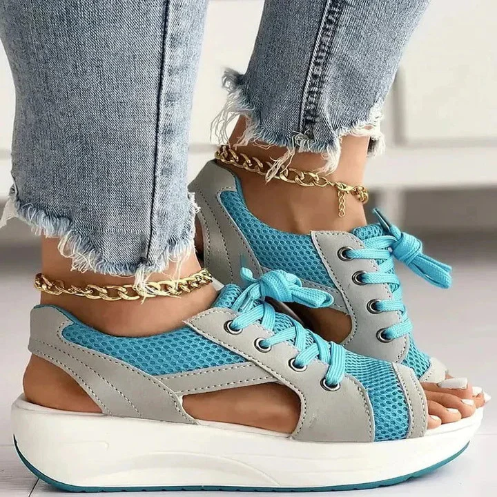 Women’s Lace Up Flat Sandals with Contrast Panels and Cutouts - Image 5