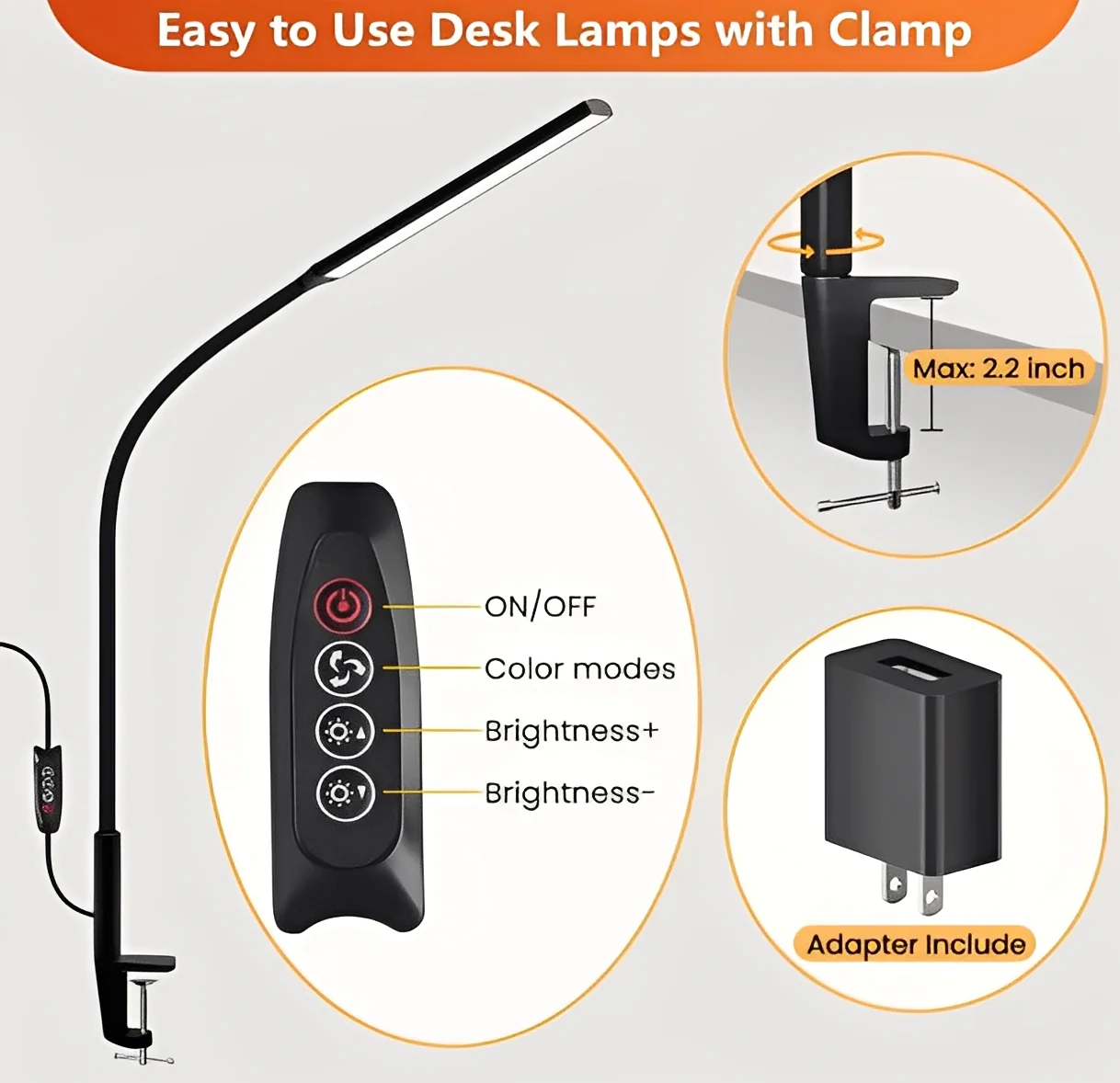 LED Desk Lamp with Gooseneck Clamp and 3 Light Settings - Image 3