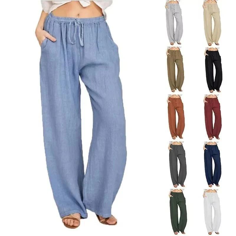 Women's Wide Leg Linen Blend Pants with Elastic Waist and Pockets - Image 10