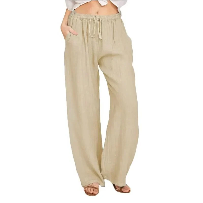 Women's Wide Leg Linen Blend Pants with Elastic Waist and Pockets - Image 3