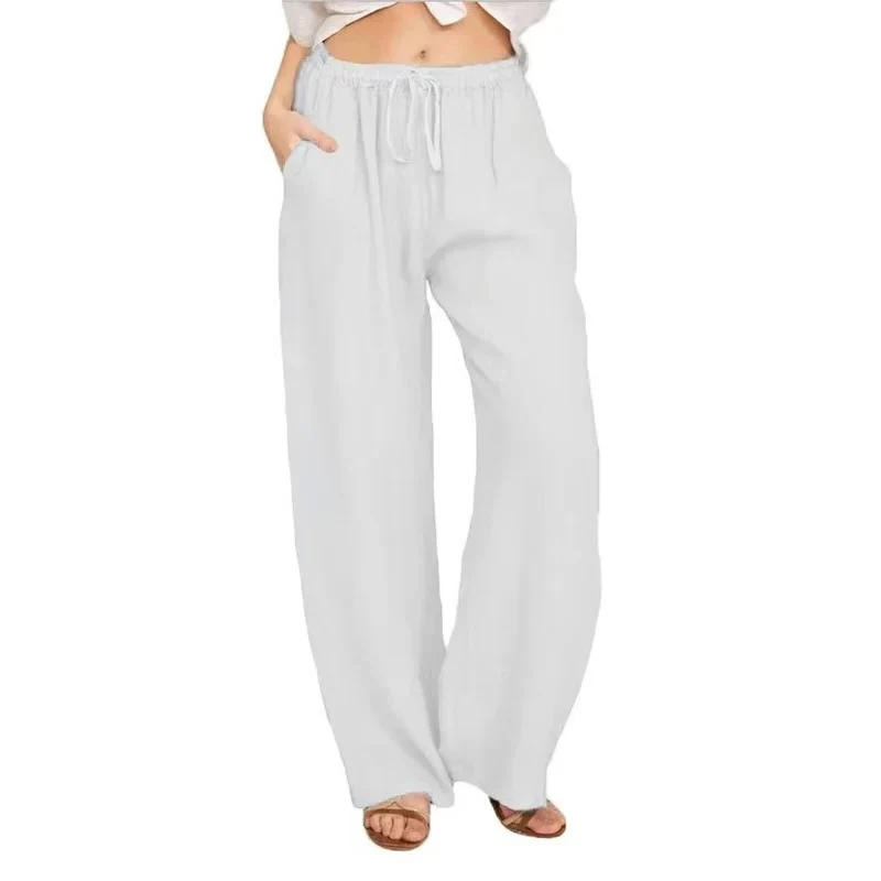 Women's Wide Leg Linen Blend Pants with Elastic Waist and Pockets - Image 4