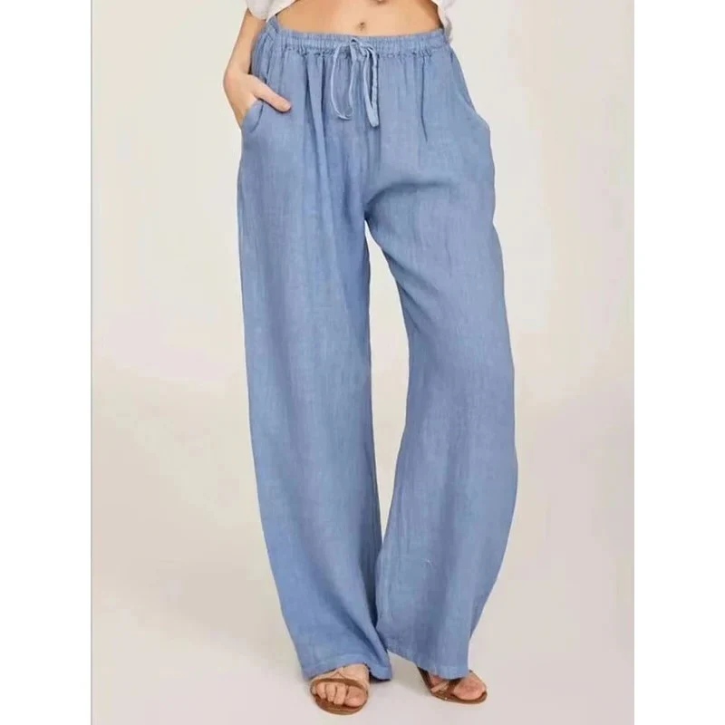 Women's Wide Leg Linen Blend Pants with Elastic Waist and Pockets - Image 5