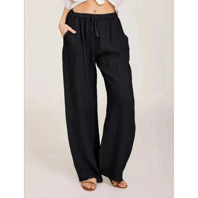 Women's Wide Leg Linen Blend Pants with Elastic Waist and Pockets - Image 9