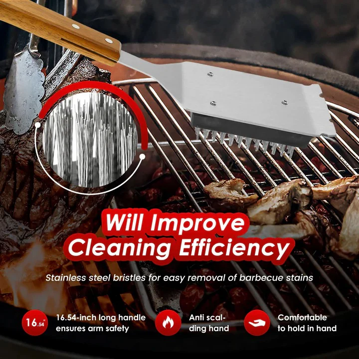 2-Piece Grill Cleaning Brush, Wooden Handle and Metal Scraper Head - Image 3