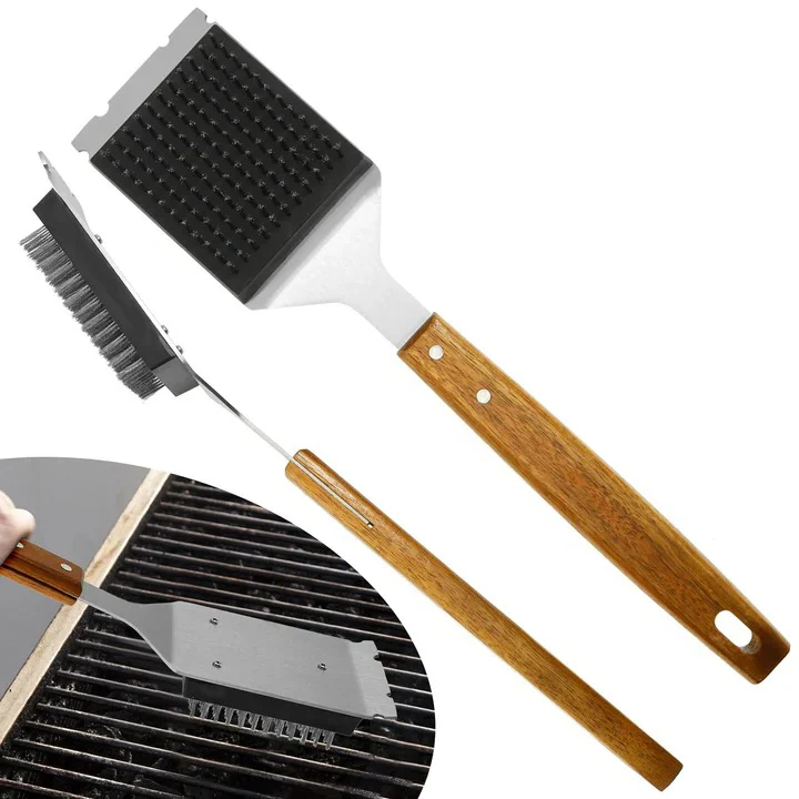 2-Piece Grill Cleaning Brush, Wooden Handle and Metal Scraper Head - Image 4