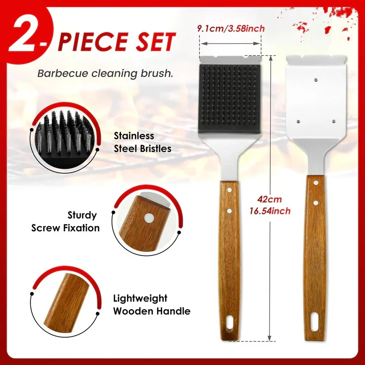 2-Piece Grill Cleaning Brush, Wooden Handle and Metal Scraper Head - Image 5