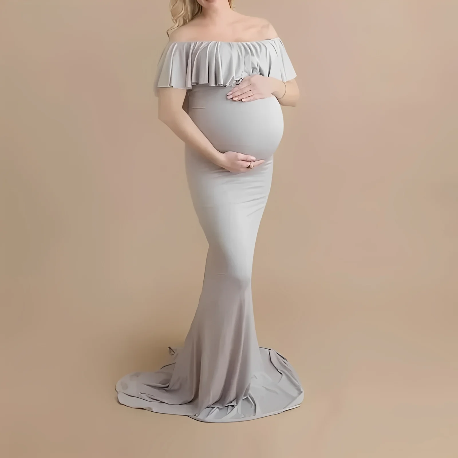 Pregnancy Photoshoot Dress with Flowing Lace Design - Image 3