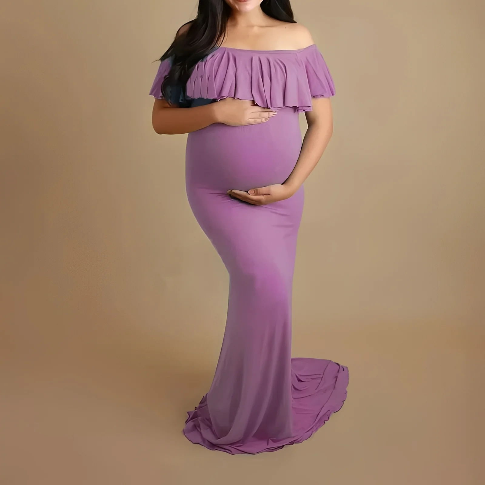 Pregnancy Photoshoot Dress with Flowing Lace Design - Image 5