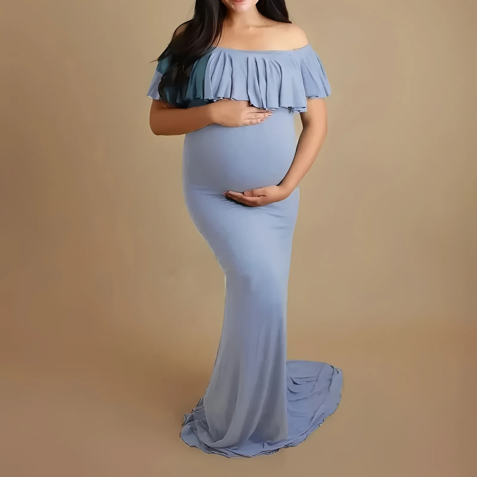 Pregnancy Photoshoot Dress with Flowing Lace Design - Image 6